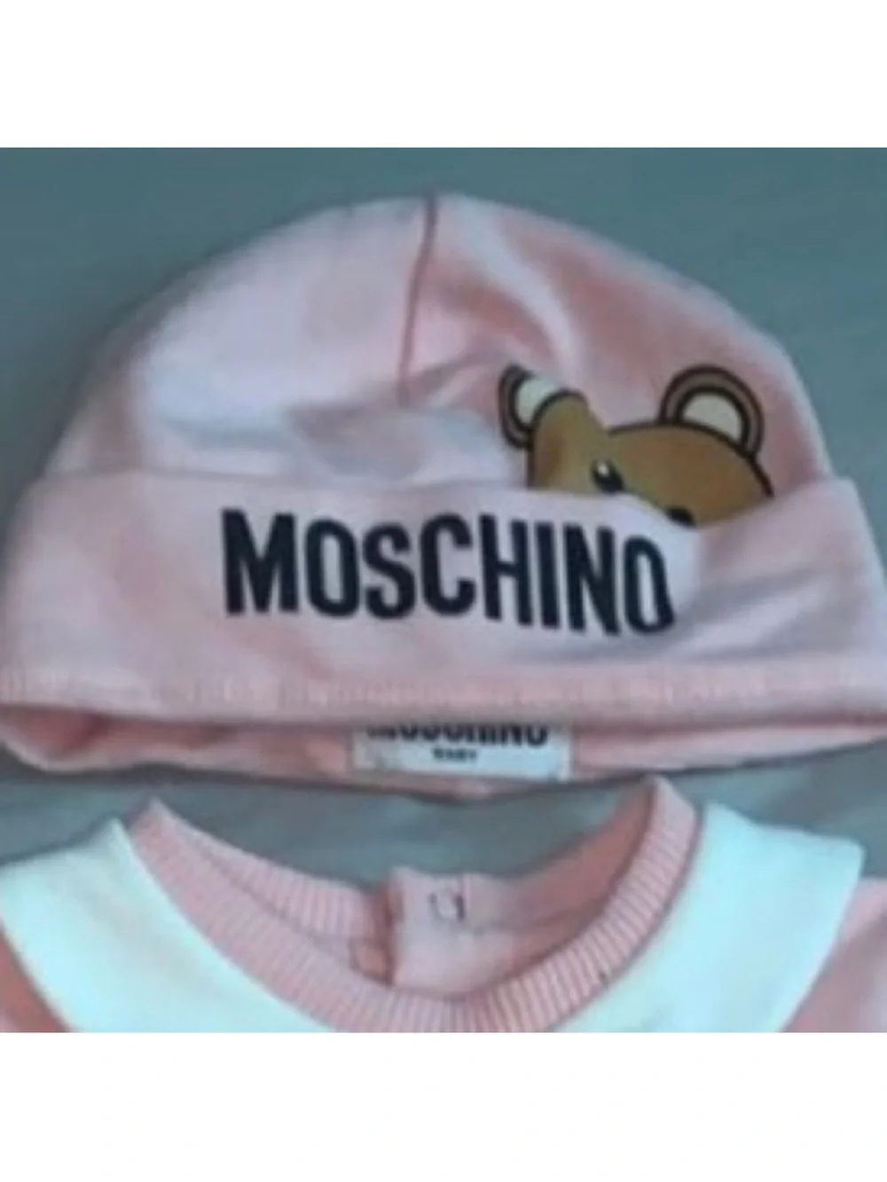 Moschino Pink Bear Footed Baby One-Piece with White Collar